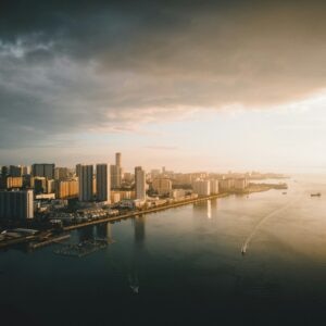 city skyline with sea view at sunrise. Karpal Singh Drive, Penang, Malaysia.
